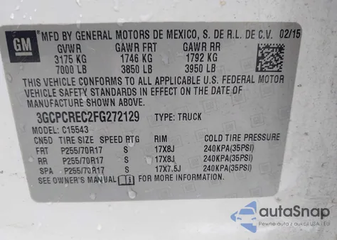 2015 Chevrolet Silverado 1500 1Lt from USA, damaged, VIN 3GCPCREC2FG272129